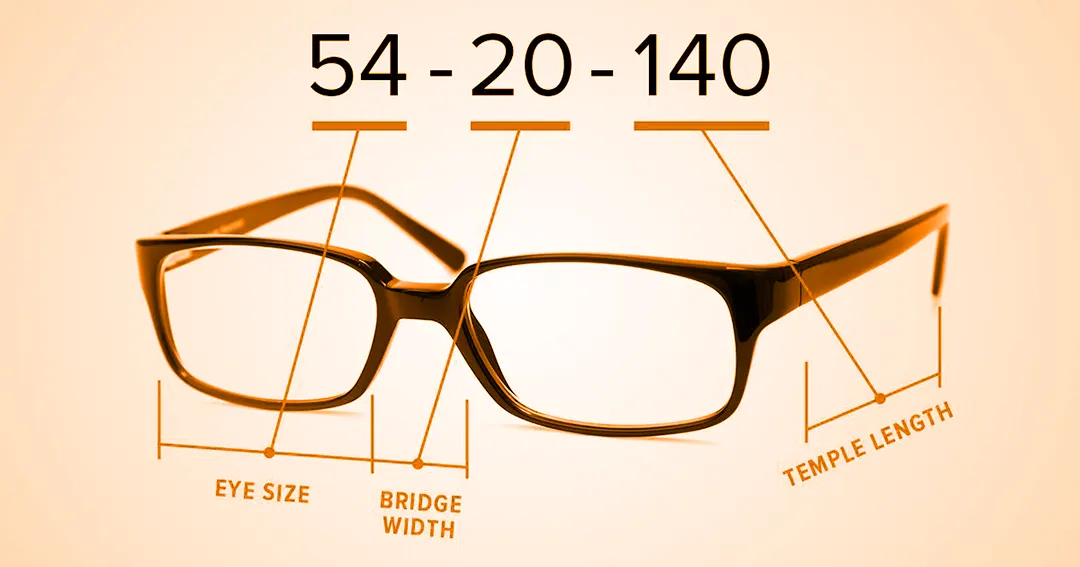 Glasses sizes and measurements (bridge width, temple length, and lens width)